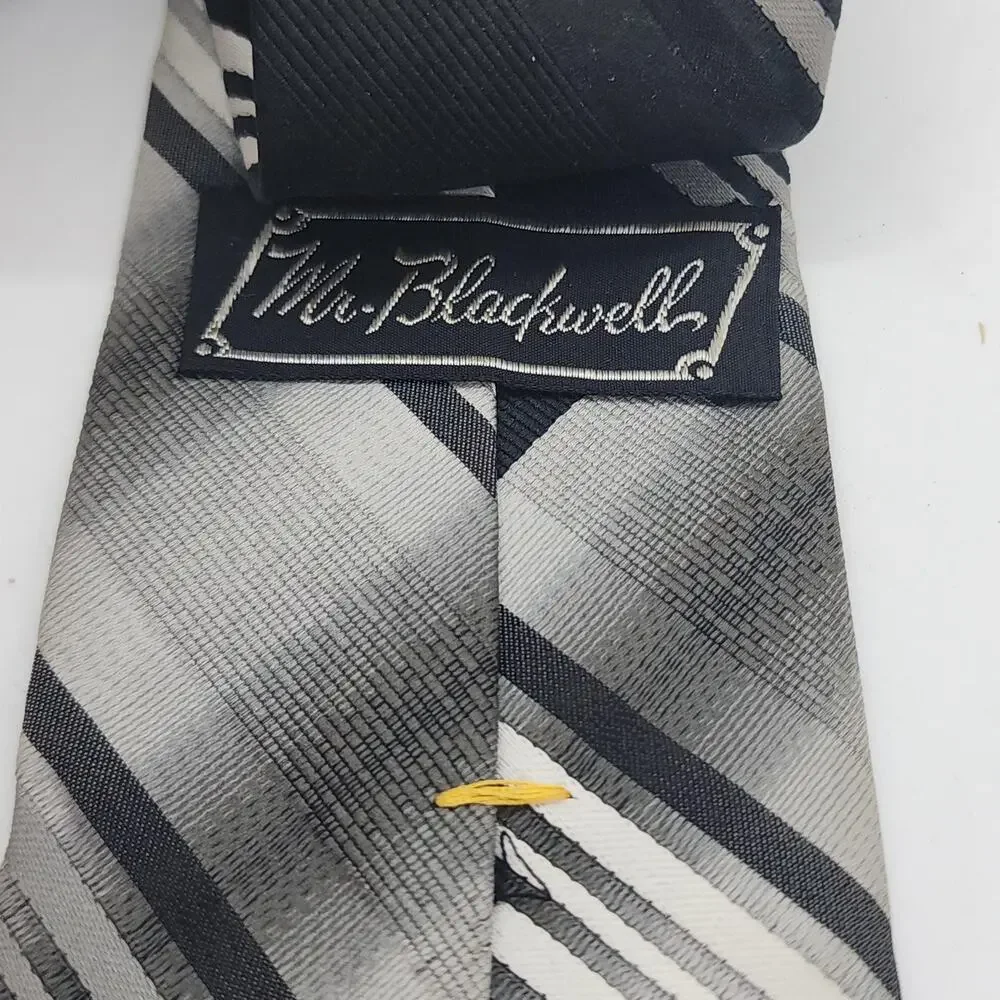 Vintage Mr. Blackwell Tie Mens Gray Black Striped Classic Woven Necktie Wide